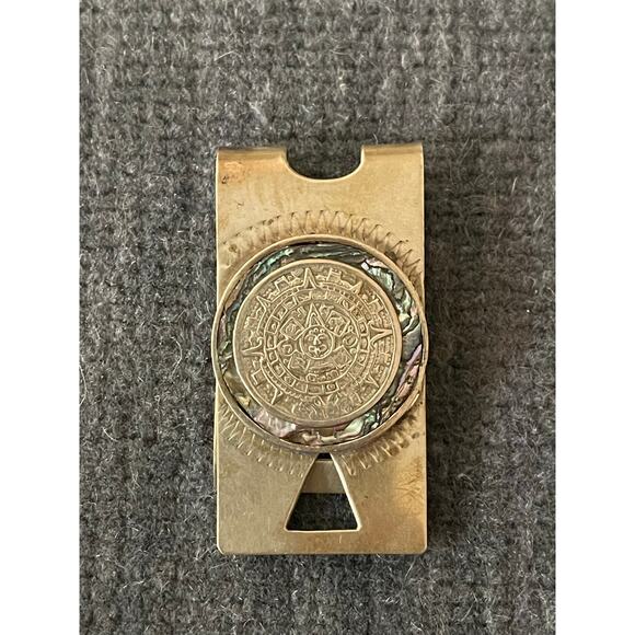 Vintage TAXCO 925 Sterling Abalone Aztec Calendar Money Clip - Picture 1 of 6